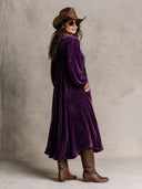 Women's Retro Casual Western Style Velvet Rhinestone V-Neck Long Sleeve Maxi Dress ZMZ2420H8ZJY