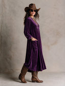 Women's Retro Casual Western Style Velvet Rhinestone V-Neck Long Sleeve Maxi Dress ZMZ2420H8ZJY