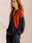 Women's Color Block Lace Trim V-Neck Long Sleeve Blouse ZMZ2415H3YZH