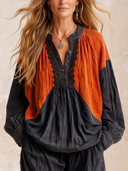 Women's Color Block Lace Trim V-Neck Long Sleeve Blouse ZMZ2415H3YZH