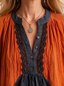 Women's Color Block Lace Trim V-Neck Long Sleeve Blouse ZMZ2415H3YZH