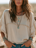 Women's Bohemian Style Frayed Tassel Loose Cotton T-Shirt ZMZ2425H0XT