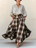Women's Classic Cotton-Linen Long-Sleeve Top And High-Waisted Cotton-Polyester Plaid Skirt Set ZMZ2532H5SWL