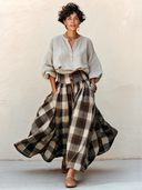 Women's Classic Cotton-Linen Long-Sleeve Top And High-Waisted Cotton-Polyester Plaid Skirt Set ZMZ2532H5SWL