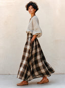 Women's Classic Cotton-Linen Long-Sleeve Top And High-Waisted Cotton-Polyester Plaid Skirt Set ZMZ2532H5SWL