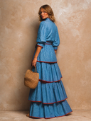 Women's Chambray Tiered Maxi Dress with Contrast Trim Puff Sleeve Tie Waist ZMZ2432H0XT