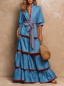Women's Chambray Tiered Maxi Dress with Contrast Trim Puff Sleeve Tie Waist ZMZ2432H0XT