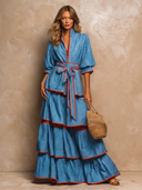 Women's Chambray Tiered Maxi Dress with Contrast Trim Puff Sleeve Tie Waist ZMZ2432H0XT