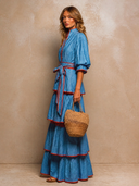 Women's Chambray Tiered Maxi Dress with Contrast Trim Puff Sleeve Tie Waist ZMZ2432H0XT