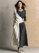 Women's Retro Casual Simple Cotton Linen Color Block Long-Sleeved Top And Skirt Set ZMZ2504H9ZJY