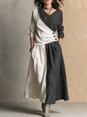 Women's Retro Casual Simple Cotton Linen Color Block Long-Sleeved Top And Skirt Set ZMZ2504H9ZJY