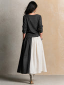 Women's Retro Casual Simple Cotton Linen Color Block Long-Sleeved Top And Skirt Set ZMZ2504H9ZJY