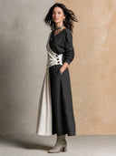 Women's Retro Casual Simple Cotton Linen Color Block Long-Sleeved Top And Skirt Set ZMZ2504H9ZJY