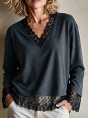 Women's French Elegant V-Neck Lace Trim Long-Sleeve T-Shirt ZMZ2176H7XT