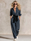 Women's Vintage Casual Plaid Long-Sleeve Tie-Waist Jumpsuit ZMZ2186H5XT