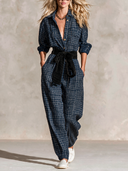 Women's Vintage Casual Plaid Long-Sleeve Tie-Waist Jumpsuit ZMZ2186H5XT
