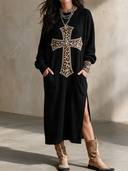 Women's Retro Casual Street Style Leopard Print Cross Print Cotton Yarn Long Sleeve Maxi Dress ZMZ2535H0ZJY