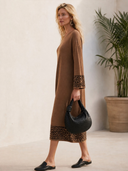Women's Classic Retro Casual Leopard Print Panel And Crew Neck Loose-Fit Knit Midi Dress ZMZ2484H3ZYY