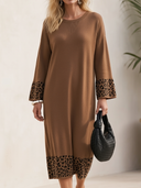 Women's Classic Retro Casual Leopard Print Panel And Crew Neck Loose-Fit Knit Midi Dress ZMZ2484H3ZYY