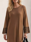 Women's Classic Retro Casual Leopard Print Panel And Crew Neck Loose-Fit Knit Midi Dress ZMZ2484H3ZYY