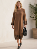 Women's Classic Retro Casual Leopard Print Panel And Crew Neck Loose-Fit Knit Midi Dress ZMZ2484H3ZYY