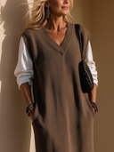 Women's Classic Retro Casual Loose-Fit V-Neck Knit Dress (Faux-Layered Style) ZMZ2443H5ZYY