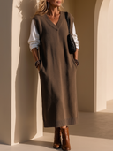 Women's Classic Retro Casual Loose-Fit V-Neck Knit Dress (Faux-Layered Style) ZMZ2443H5ZYY
