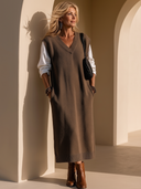 Women's Classic Retro Casual Loose-Fit V-Neck Knit Dress (Faux-Layered Style) ZMZ2443H5ZYY