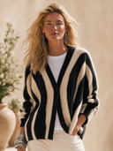 Women's Classic Elegant Casual Vertical-Stripe V-Neck Button-Front Knit Cardigan ZMZ2405H0ZYY