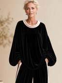 Women's Vintage Elegant Velvet Set: Round-Neck Lantern-Sleeve Top And Elastic-Waist Wide-Leg Pants ZMZ1913H6ZYY