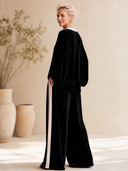Women's Vintage Elegant Velvet Set: Round-Neck Lantern-Sleeve Top And Elastic-Waist Wide-Leg Pants ZMZ1913H6ZYY
