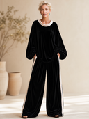 Women's Vintage Elegant Velvet Set: Round-Neck Lantern-Sleeve Top And Elastic-Waist Wide-Leg Pants ZMZ1913H6ZYY