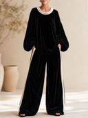 Women's Vintage Elegant Velvet Set: Round-Neck Lantern-Sleeve Top And Elastic-Waist Wide-Leg Pants ZMZ1913H6ZYY