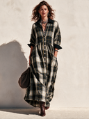 Women's Classic Poly-Cotton Plaid V-Neck Long-Sleeve Maxi Dress ZMZ2544H7SWL