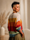 Women's Classic Casual Horizontal Stripes And Color-Block Paneling V-Neck Single-Breasted Knit Cardigan ZMZ1464H0ZYY