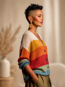 Women's Classic Casual Horizontal Stripes And Color-Block Paneling V-Neck Single-Breasted Knit Cardigan ZMZ1464H0ZYY