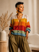 Women's Classic Casual Horizontal Stripes And Color-Block Paneling V-Neck Single-Breasted Knit Cardigan ZMZ1464H0ZYY