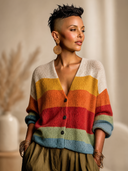 Women's Classic Casual Horizontal Stripes And Color-Block Paneling V-Neck Single-Breasted Knit Cardigan ZMZ1464H0ZYY