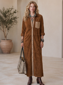 Women's Classic American Western Vintage Faux Suede Long-Sleeve Single-Breasted Maxi Dress ZMZ1090H2ZYY