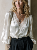 Women's Premium White Satin V-neck Long-sleeve Lace Top ZMZ2536H9SWL