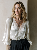 Women's Premium White Satin V-neck Long-sleeve Lace Top ZMZ2536H9SWL