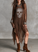 Women's Retro Casual Western Style Skull Rhinestone Long-Sleeved Midi Dress ZMZ2580H0ZJY