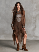 Women's Retro Casual Western Style Skull Rhinestone Long-Sleeved Midi Dress ZMZ2580H0ZJY