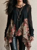 Women's Retro Casual Chiffon Printed Round Neck Long Sleeve Irregular Pullover Shirt ZMZ2542H7ZJY