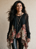Women's Retro Casual Chiffon Printed Round Neck Long Sleeve Irregular Pullover Shirt ZMZ2542H7ZJY