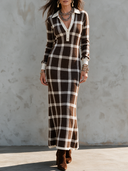 Women's Retro Casual Plaid Knit Lapel Long Sleeve Maxi Dress ZMZ2565H5ZJY