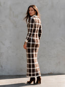 Women's Retro Casual Plaid Knit Lapel Long Sleeve Maxi Dress ZMZ2565H5ZJY