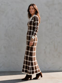 Women's Retro Casual Plaid Knit Lapel Long Sleeve Maxi Dress ZMZ2565H5ZJY