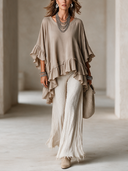 Women's Premium Khaki Ruffled Top And Raw-Hem Straight-Leg Trousers Set ZMZ2560H6SWL