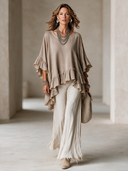 Women's Premium Khaki Ruffled Top And Raw-Hem Straight-Leg Trousers Set ZMZ2560H6SWL